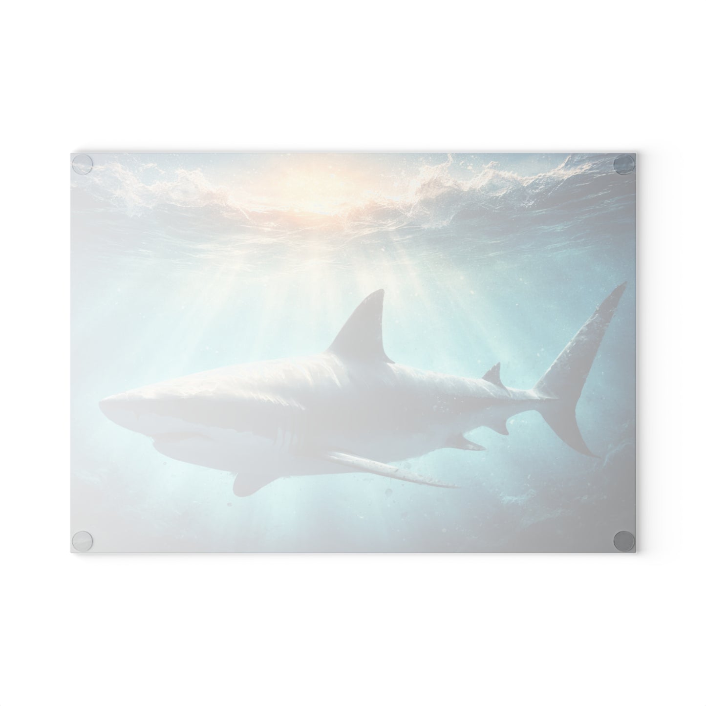 Ocean Guardian Glass Cutting Board – Majestic Shark in Sunlit Blue Waters