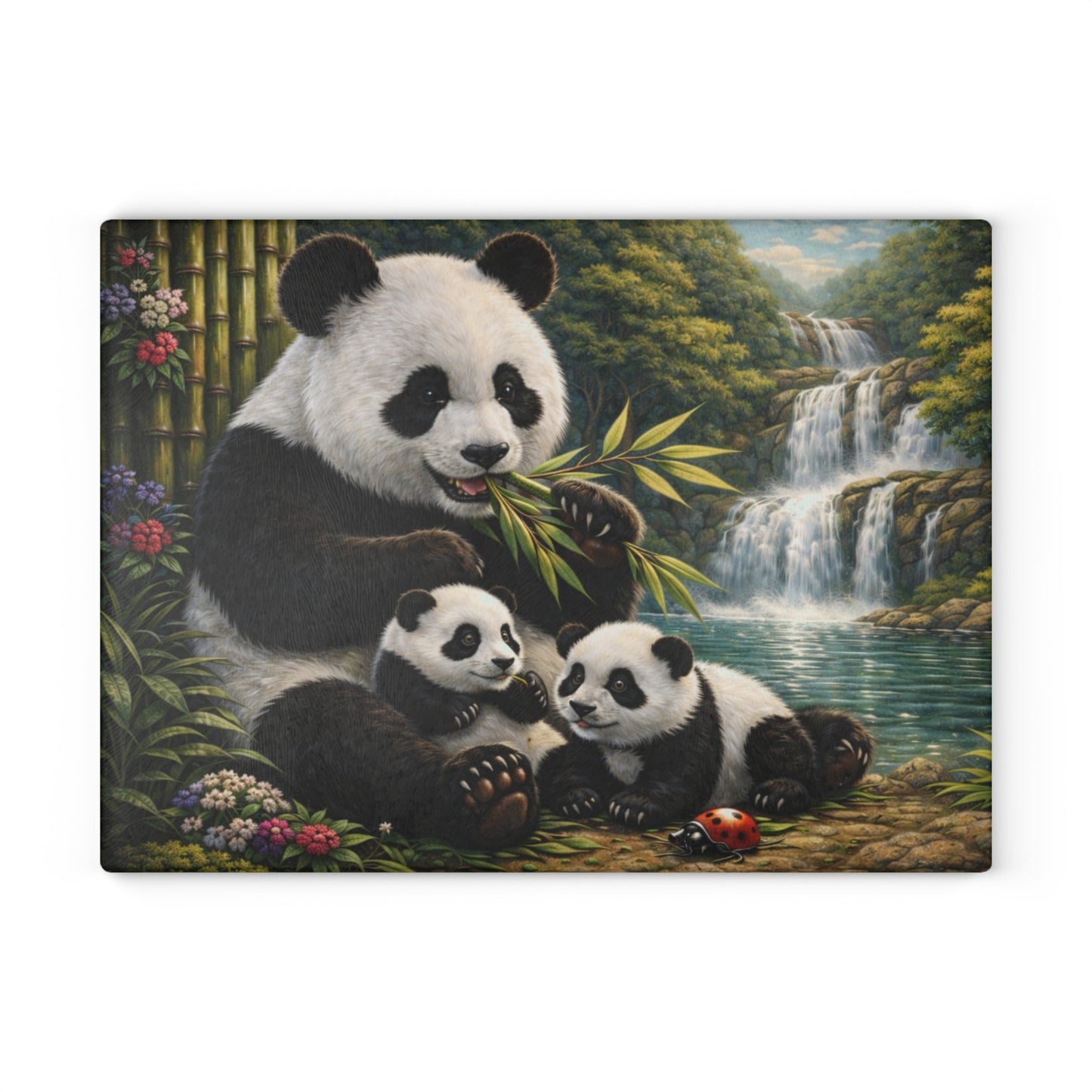 Panda Family by Waterfall Glass Cutting Board – Peaceful Bamboo Forest Wildlife Artwork