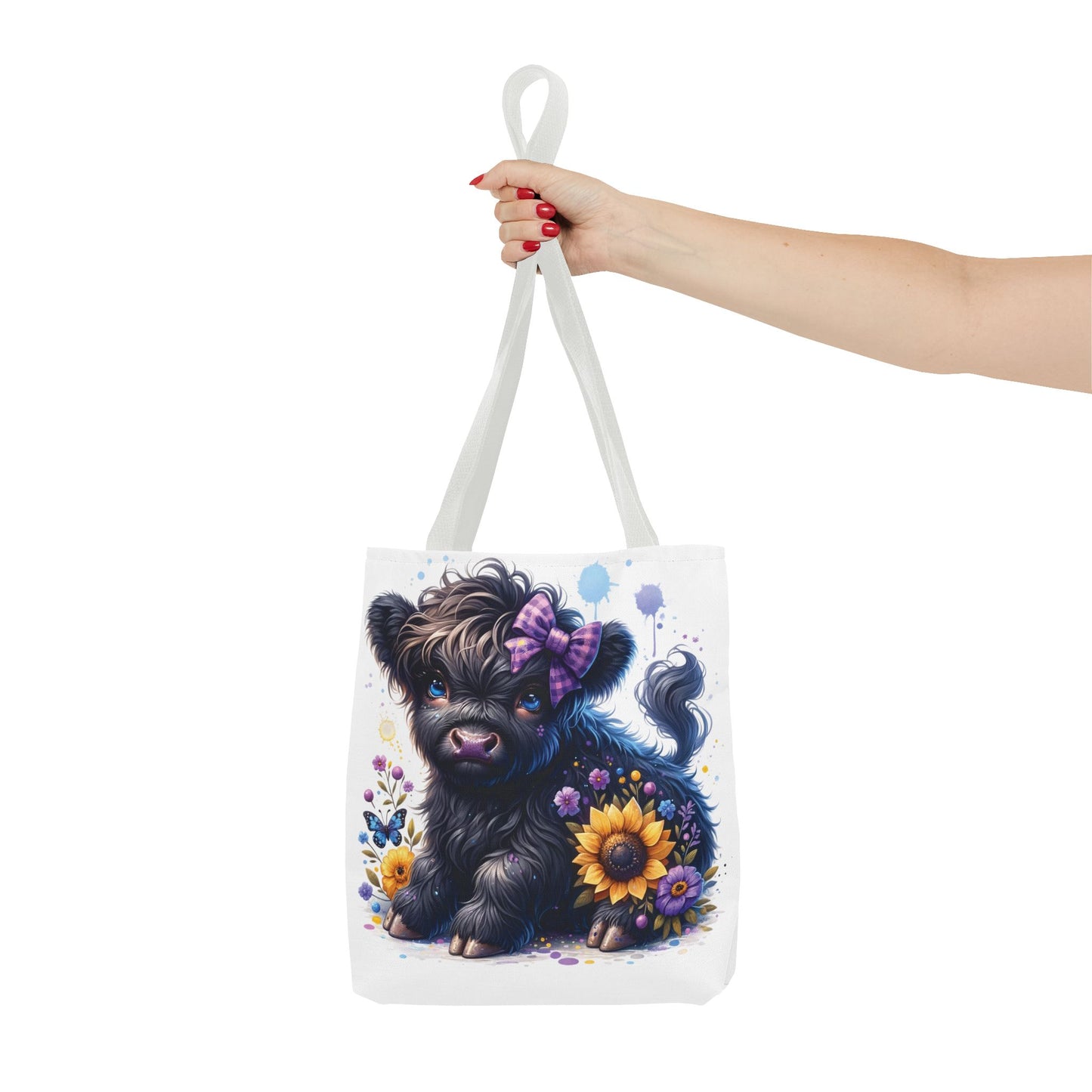 💜 Purple Bow Black Highland Calf Tote Bag – Country Charm with a Pop of Color 🐮👜