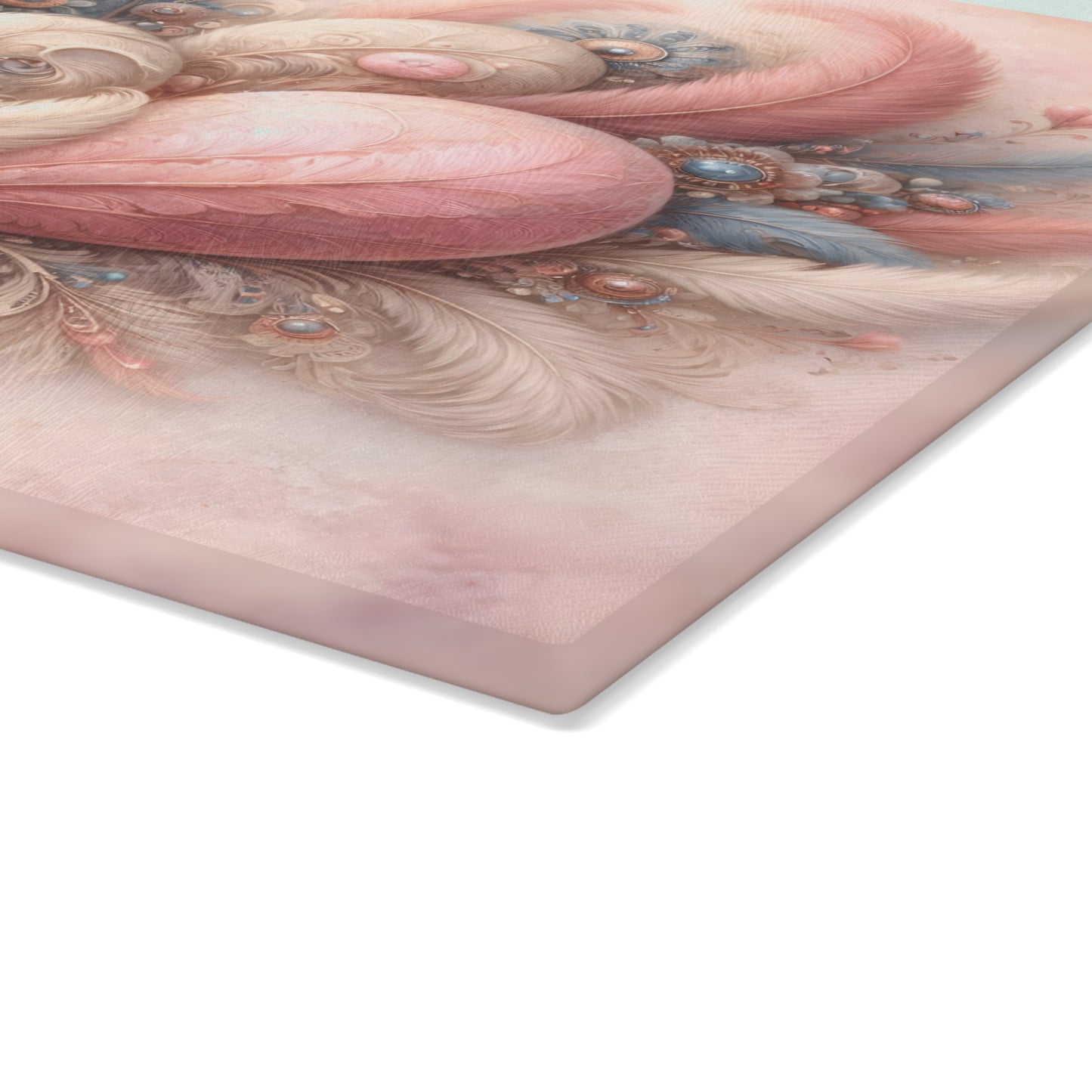 Pastel Feather Heart Glass Cutting Board – Elegant Romantic Art Kitchen Decor