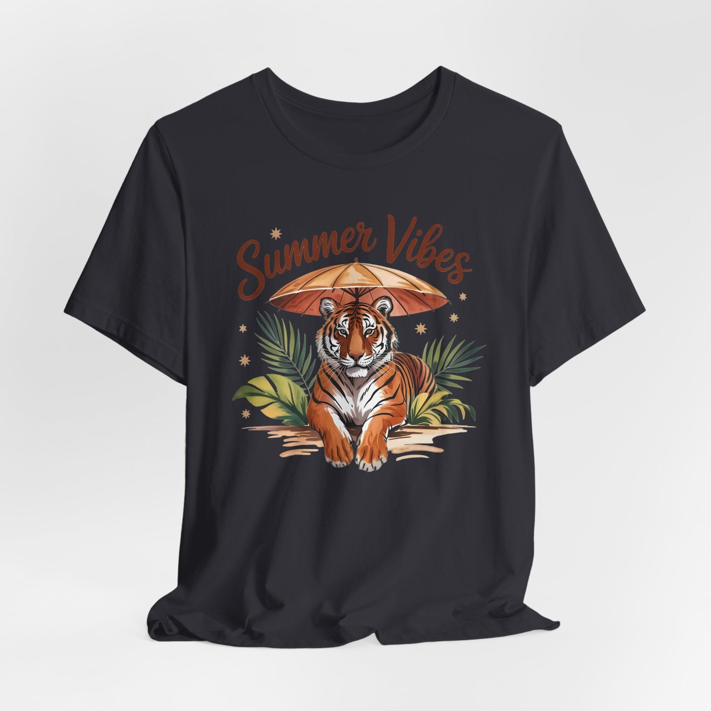 Camiseta Summer Vibes Tiger – Gráfico de palmeras de la selva con paraguas | Múltiples opciones de color