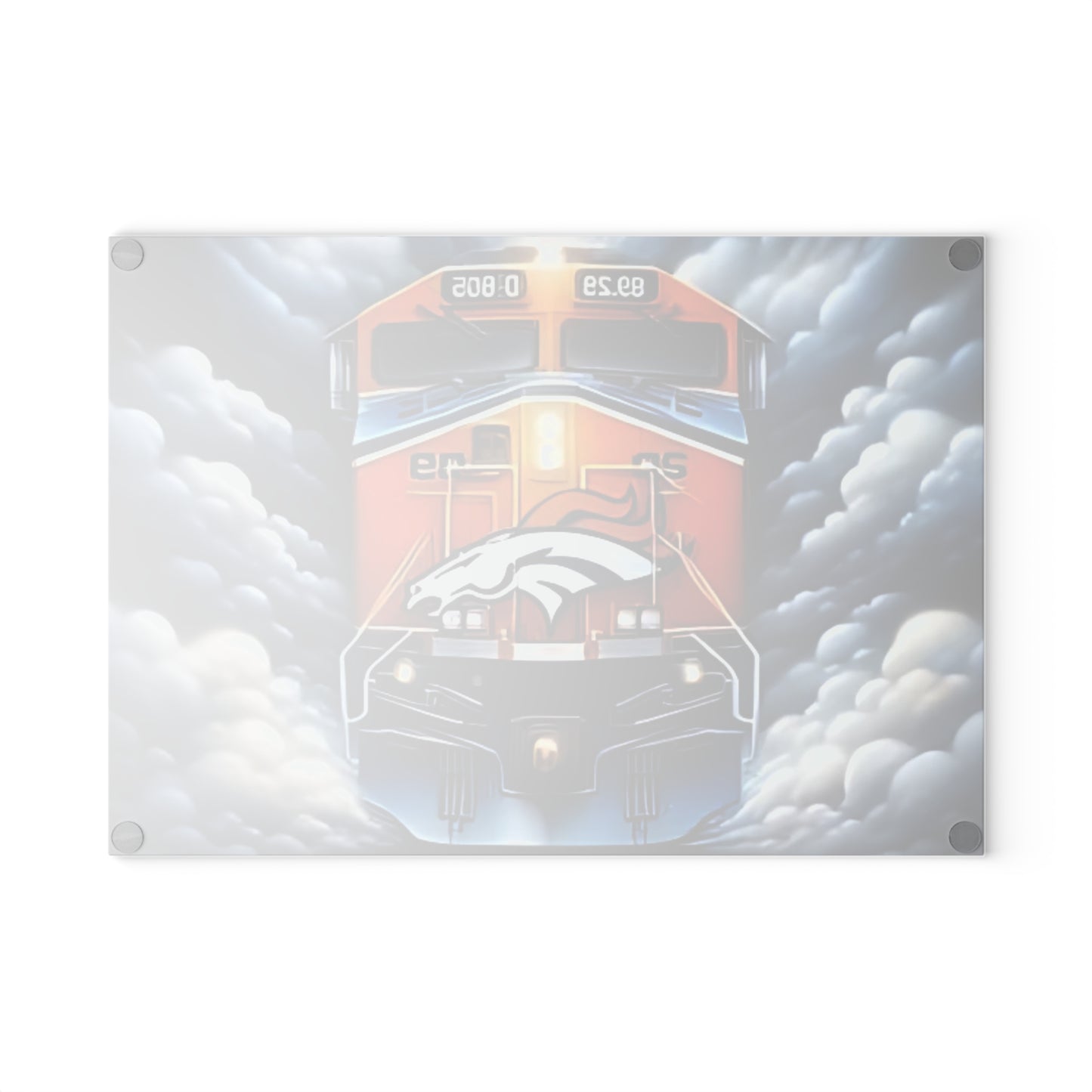 Blue & Orange Express Glass Cutting Board – Dynamic Train Art for Energetic, Bold Kitchens