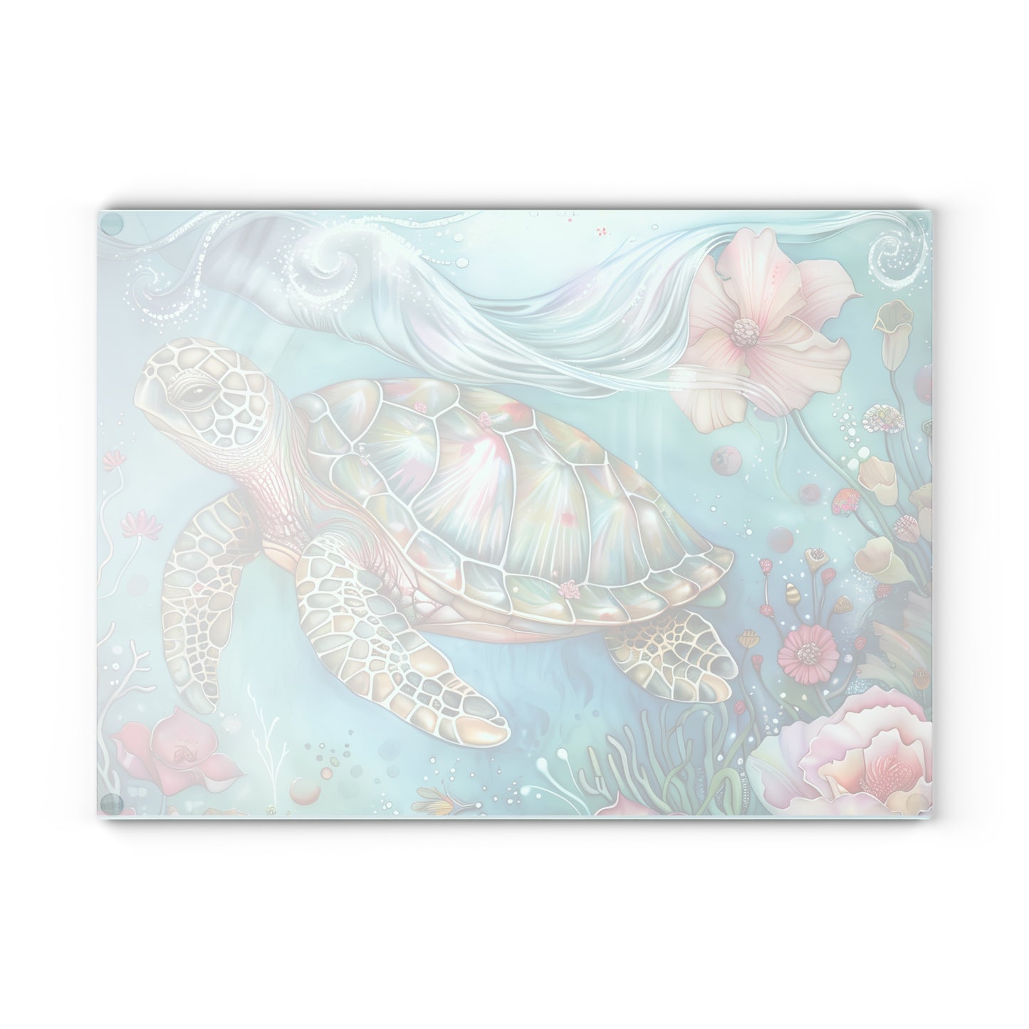 🌊🌸 Escena floral submarina de tortugas marinas coloridas – Tabla de cortar de vidrio