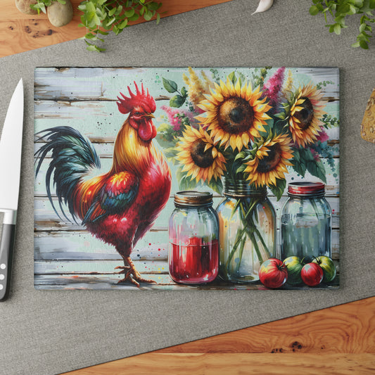 🐓 Bold Rooster & Mason Jar Cutting Board – Rustic Sunflower Farmhouse Decor