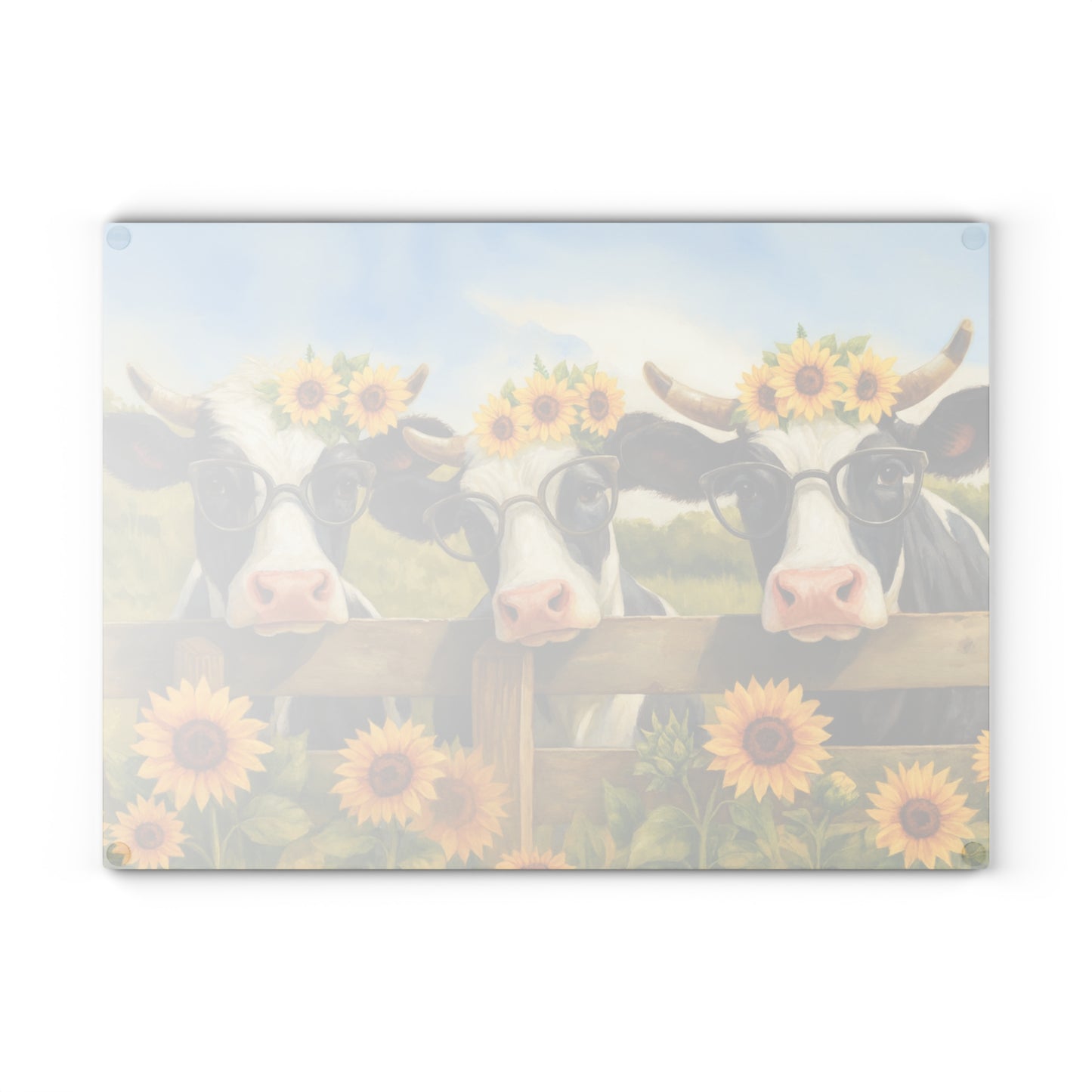 🐮🌻 “Sunflower Cow Trio” Glass Cutting Board – Bright Farmhouse Smiles