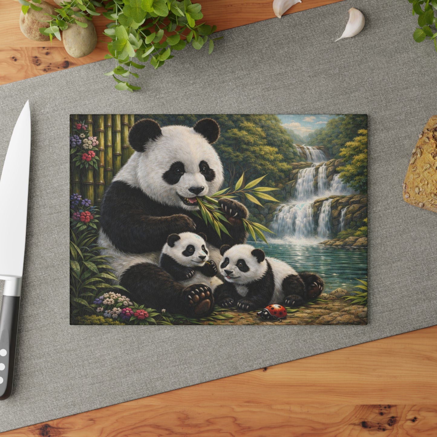 Panda Family by Waterfall Glass Cutting Board – Peaceful Bamboo Forest Wildlife Artwork