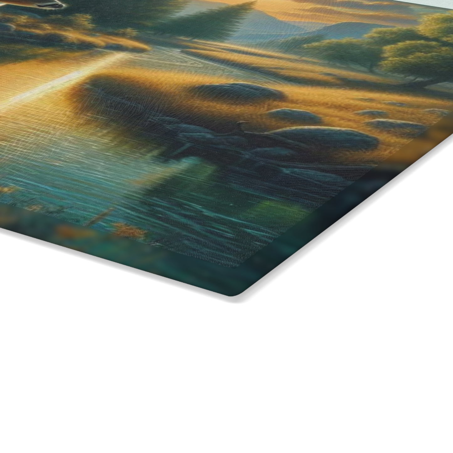 🦌🌅 Golden River Deer Cutting Board – Peaceful Nature Landscape Art 🌅🦌