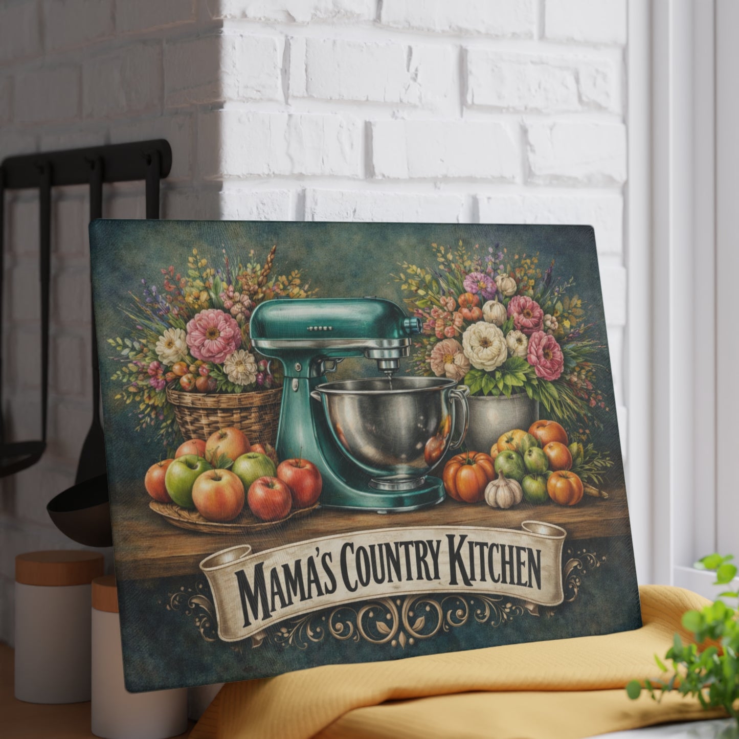 Mama’s Country Kitchen Glass Cutting Board – Farmhouse Baking Art with Vintage Mixer Charm