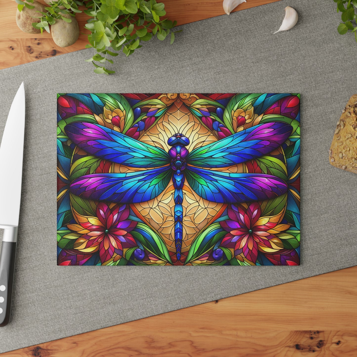 Stained Glass Dragonfly Glass Cutting Board – Colorful Botanical Art Kitchen Display