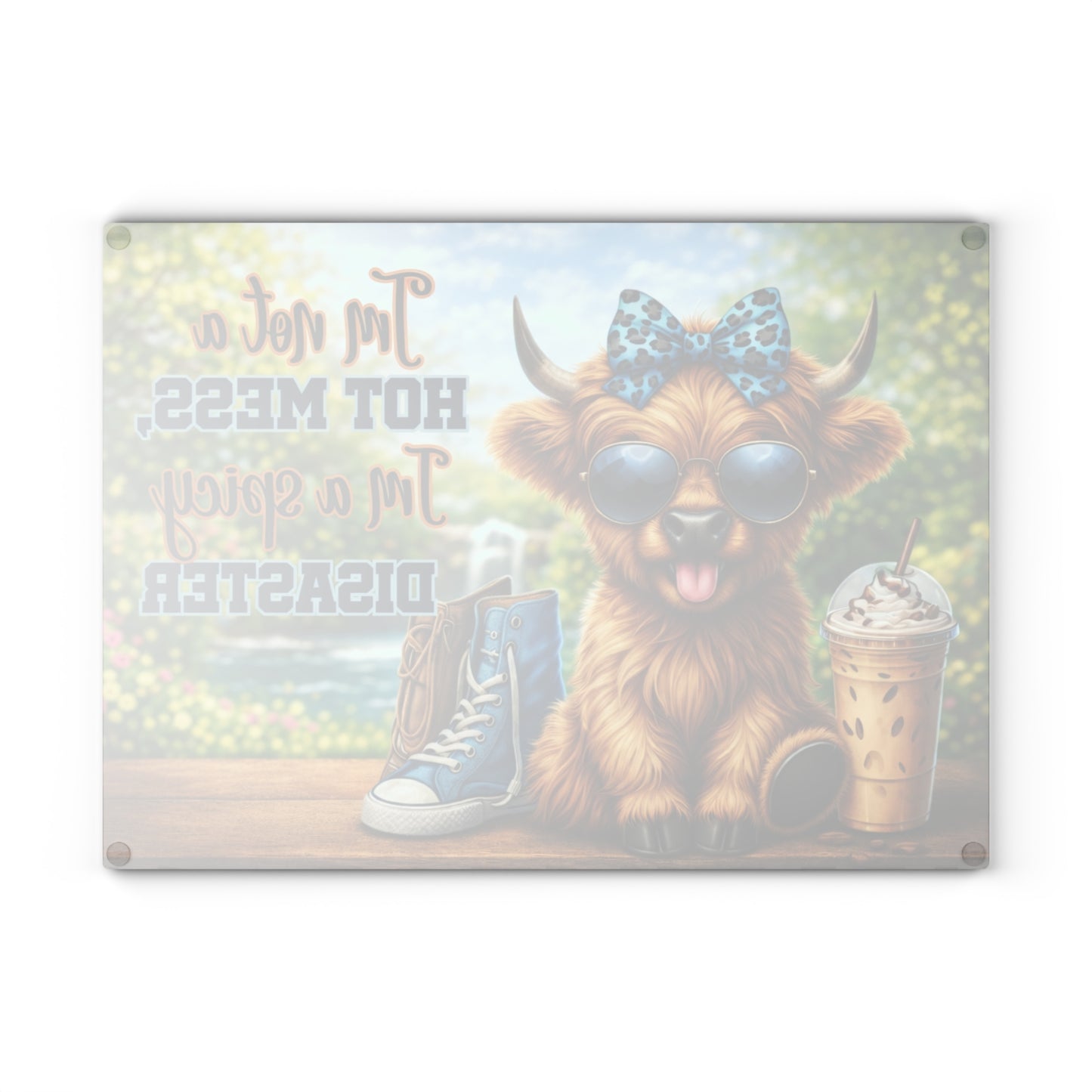 I’m Not a Hot Mess, I’m a Spicy Disaster Glass Cutting Board – Sassy Highland Cow Kitchen Artwork