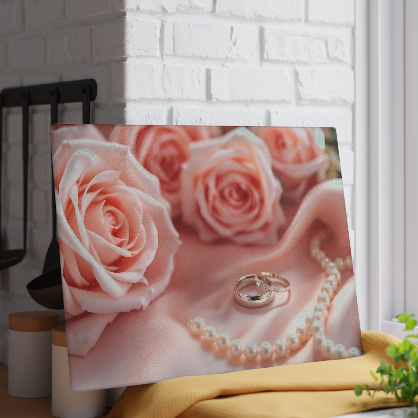 💍 Elegant Wedding Rings Cutting Board – Romance, Roses & Timeless Charm