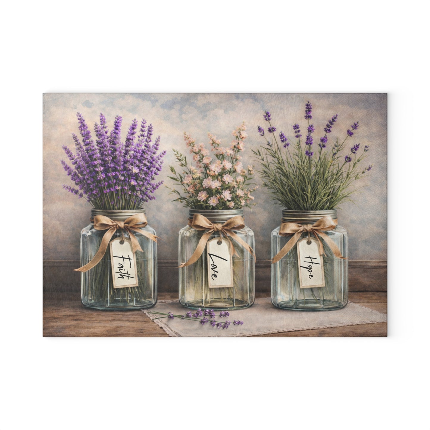 Faith Love Hope Glass Cutting Board – Rustic Mason Jar Florals with Lavender and Soft Pastels