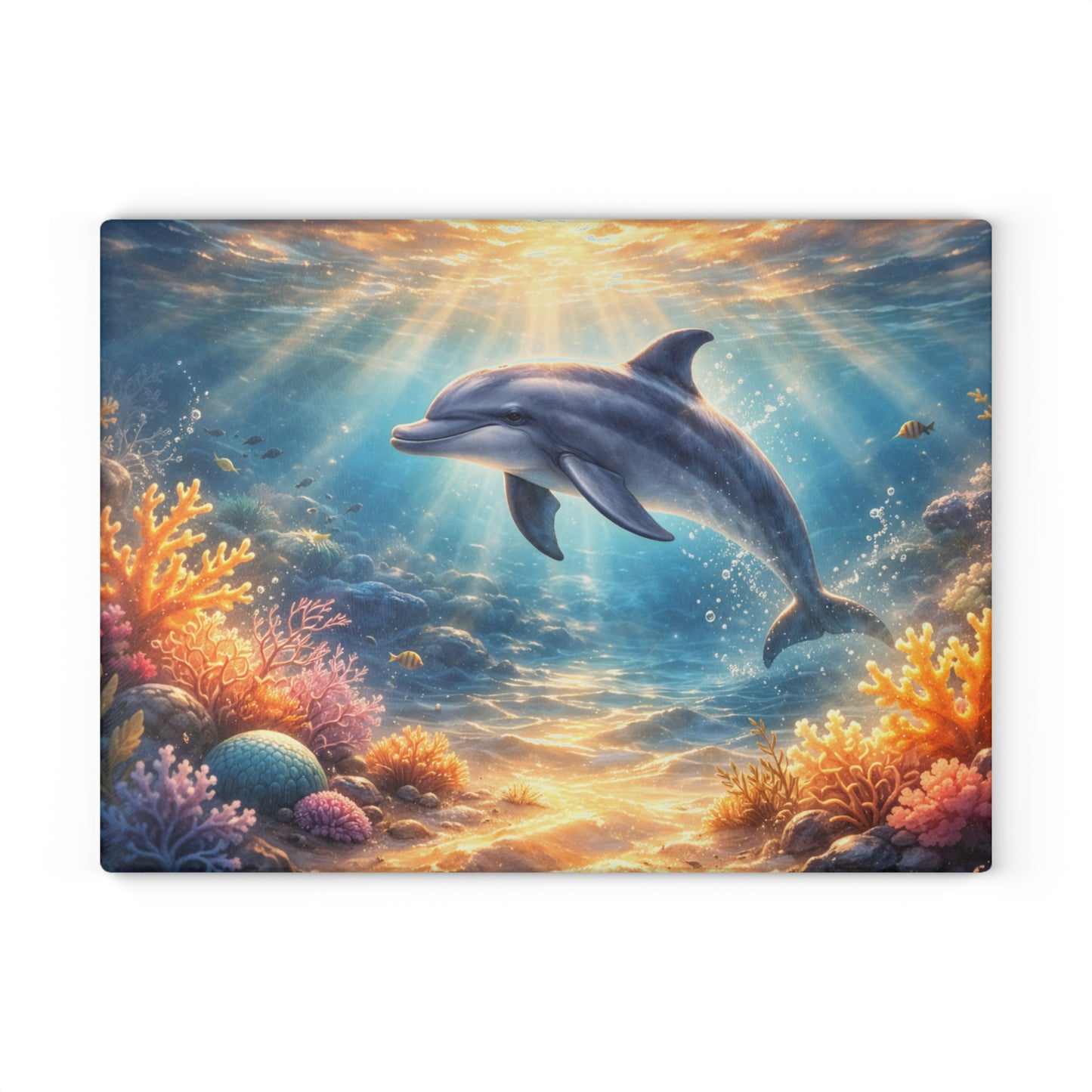 Sunlit Dolphin Glass Cutting Board – Serene Ocean Reef Artwork