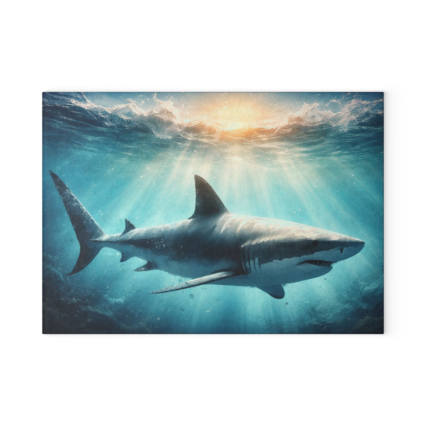 Ocean Guardian Glass Cutting Board – Majestic Shark in Sunlit Blue Waters