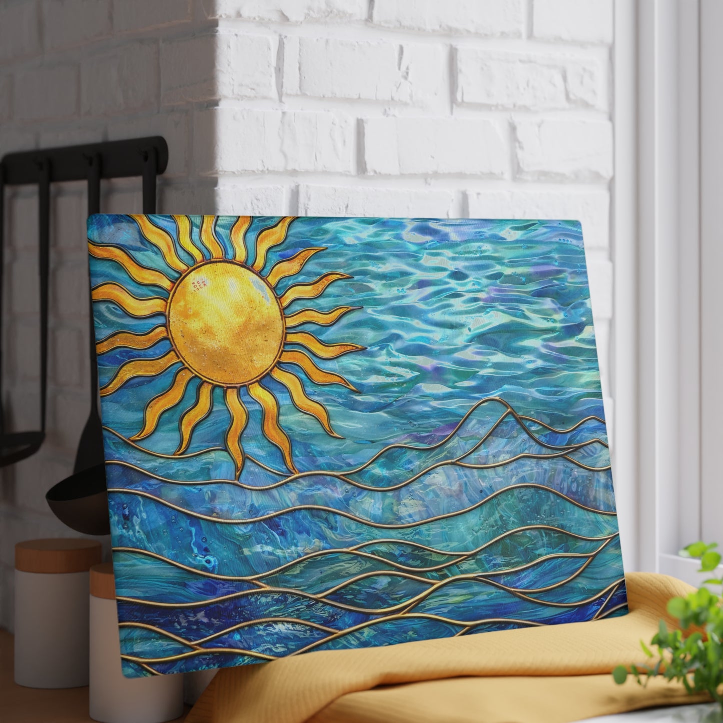 Sunlit Ocean Waves Glass Cutting Board – Coastal Art Kitchen Decor