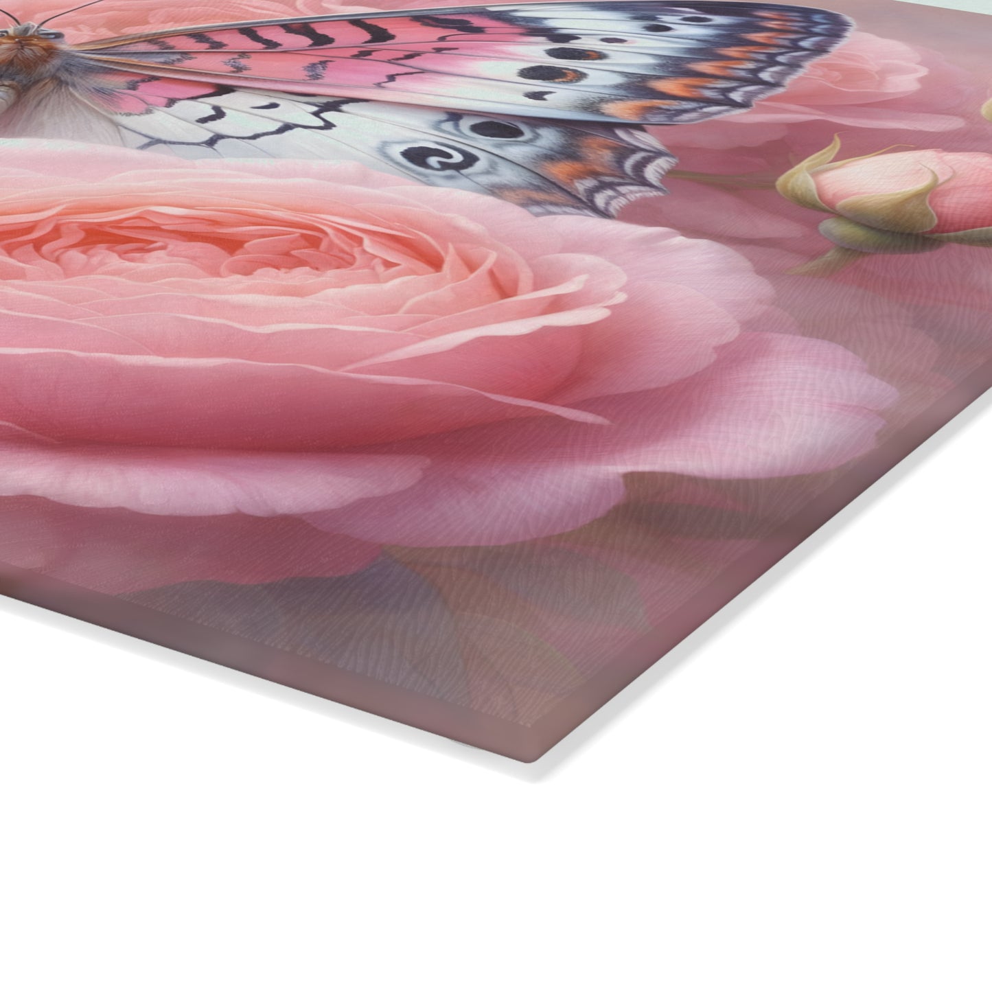 Pink Butterfly & Rose Garden Glass Cutting Board – Elegant Floral Nature Kitchen Décor