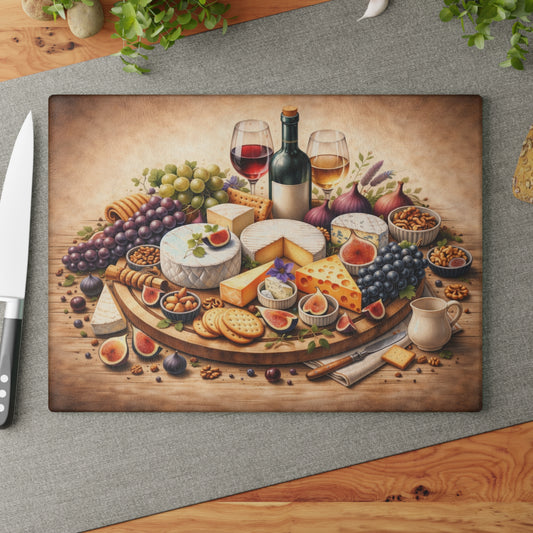 Artisan Cheese & Wine Still Life Glass Cutting Board – Elegant Entertaining Kitchen Décor