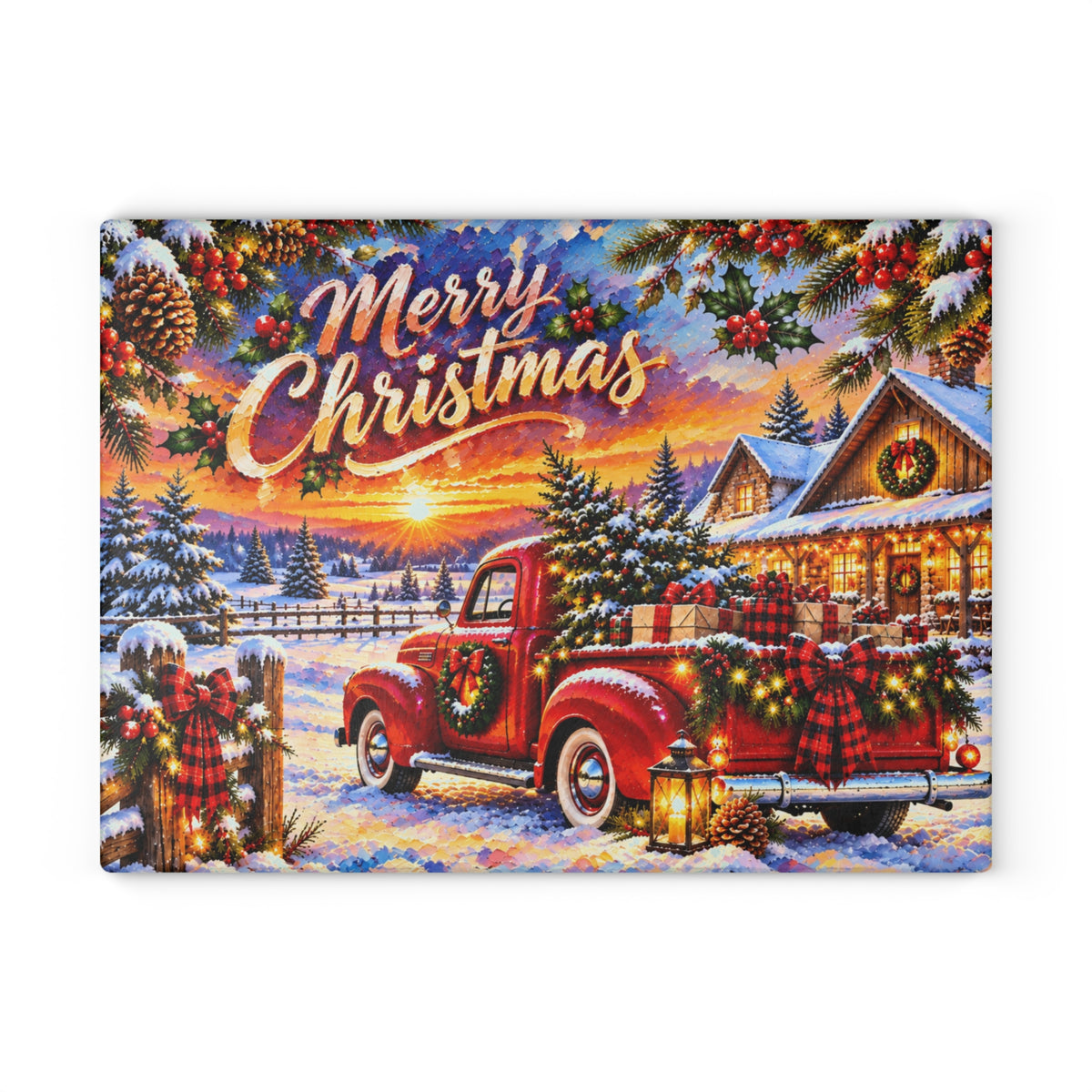 Merry Christmas Vintage Red Truck Tempered Glass Cutting Board – Snowy Farmhouse Christmas Scene – 11 × 15 Inches