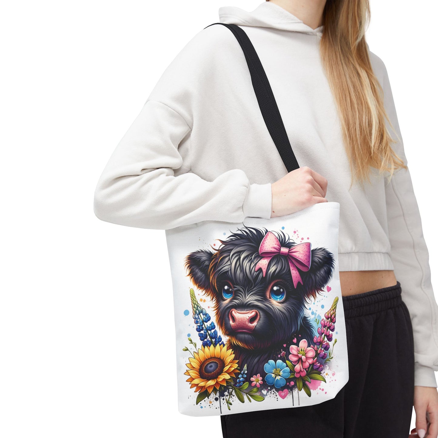 🌸 Black Highland Calf Floral Tote Bag – Sweet Style for Every Age 🐮👜