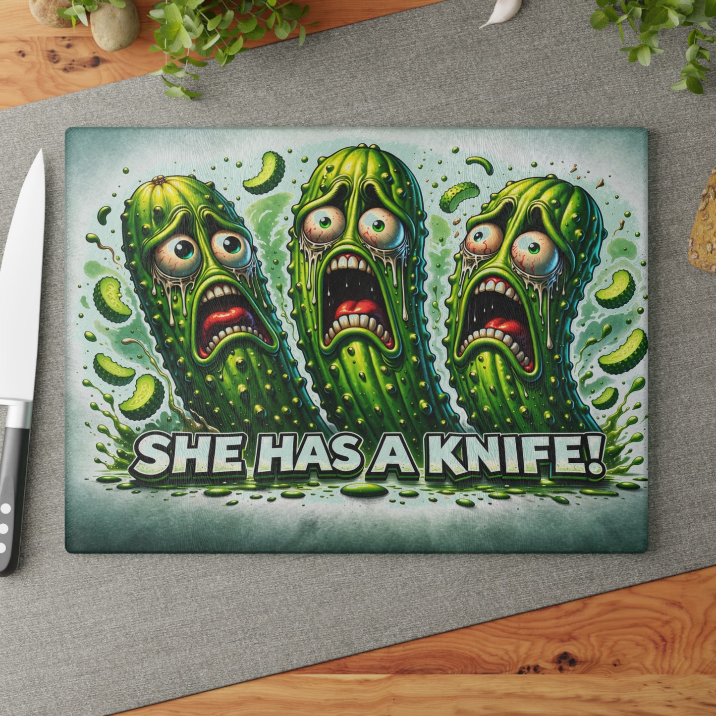 She Has a Knife! Glass Cutting Board – Pickle Panic Funny Kitchen Decor