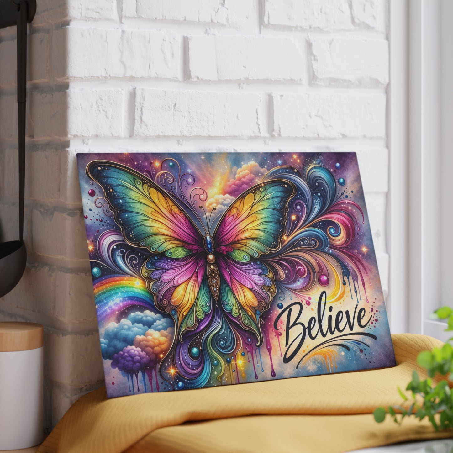 Believe Butterfly Glass Cutting Board – Rainbow Butterfly Inspirational Kitchen Art
