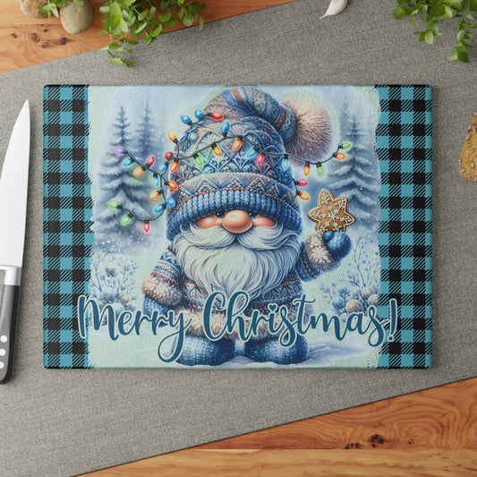 🎄 Blue Plaid Christmas Gnome Cutting Board – Cozy Holiday Charm with Festive Lights & Gingerbread Magic ❄️