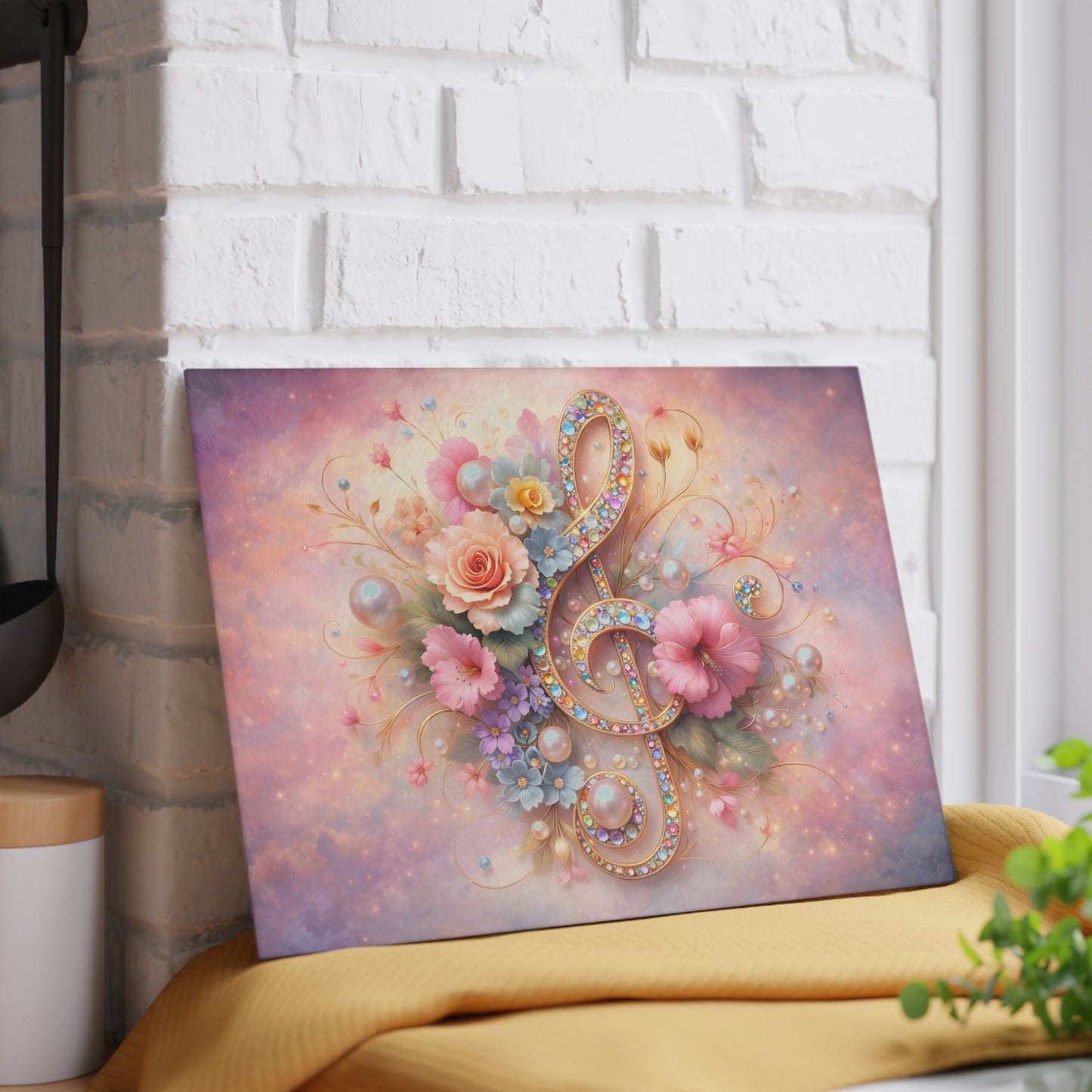 Floral Treble Clef Glass Cutting Board – Elegant Music-Inspired Art Kitchen Decor