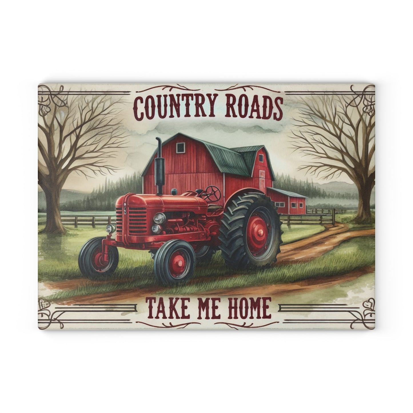 🚜🌾 Country Roads Tractor Glass Cutting Board – Rustic Farmhouse Charm for Your Kitchen 🌾🚜