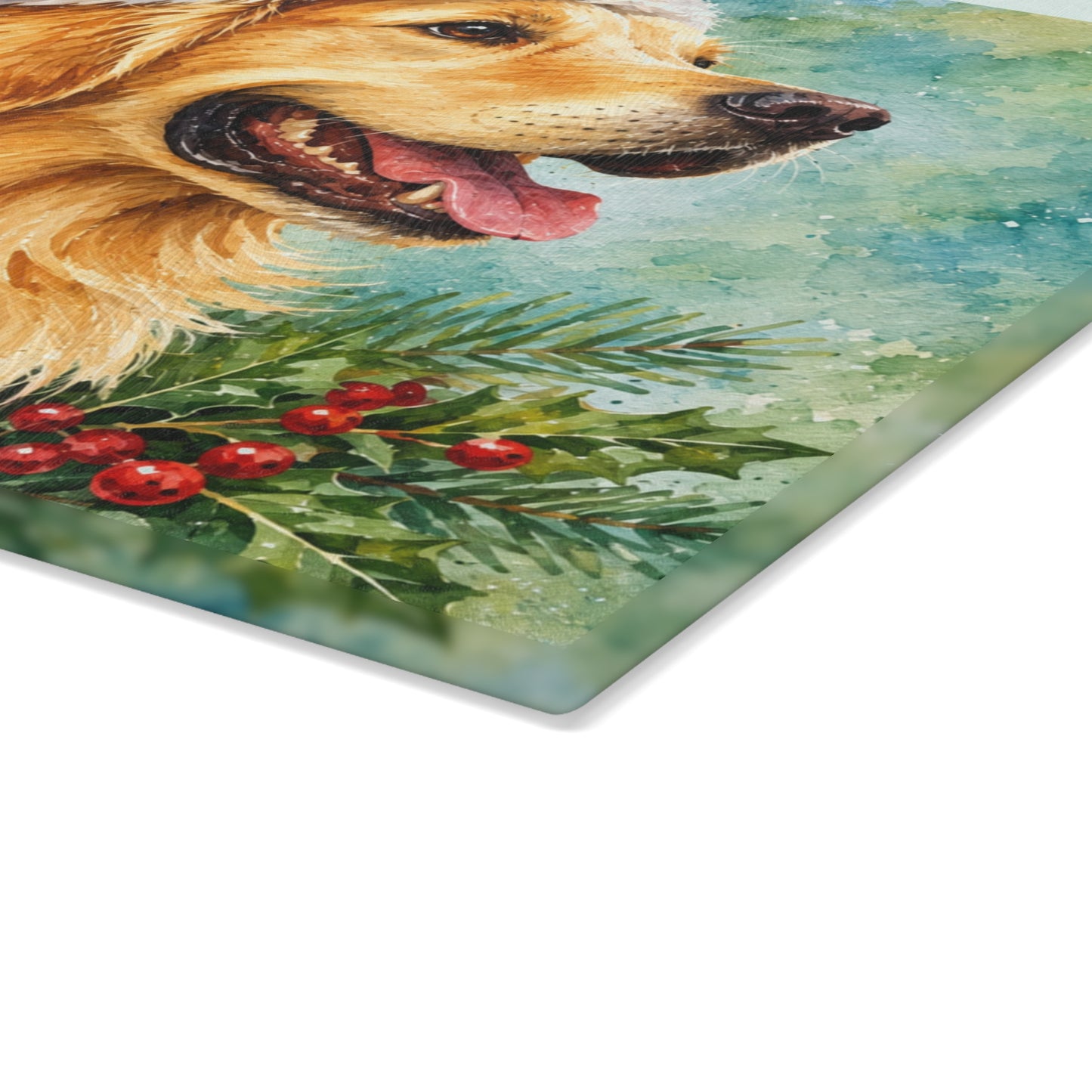 Golden Retriever Christmas Glass Cutting Board – Santa Hat, Holly & Evergreen Holiday Dog Decor