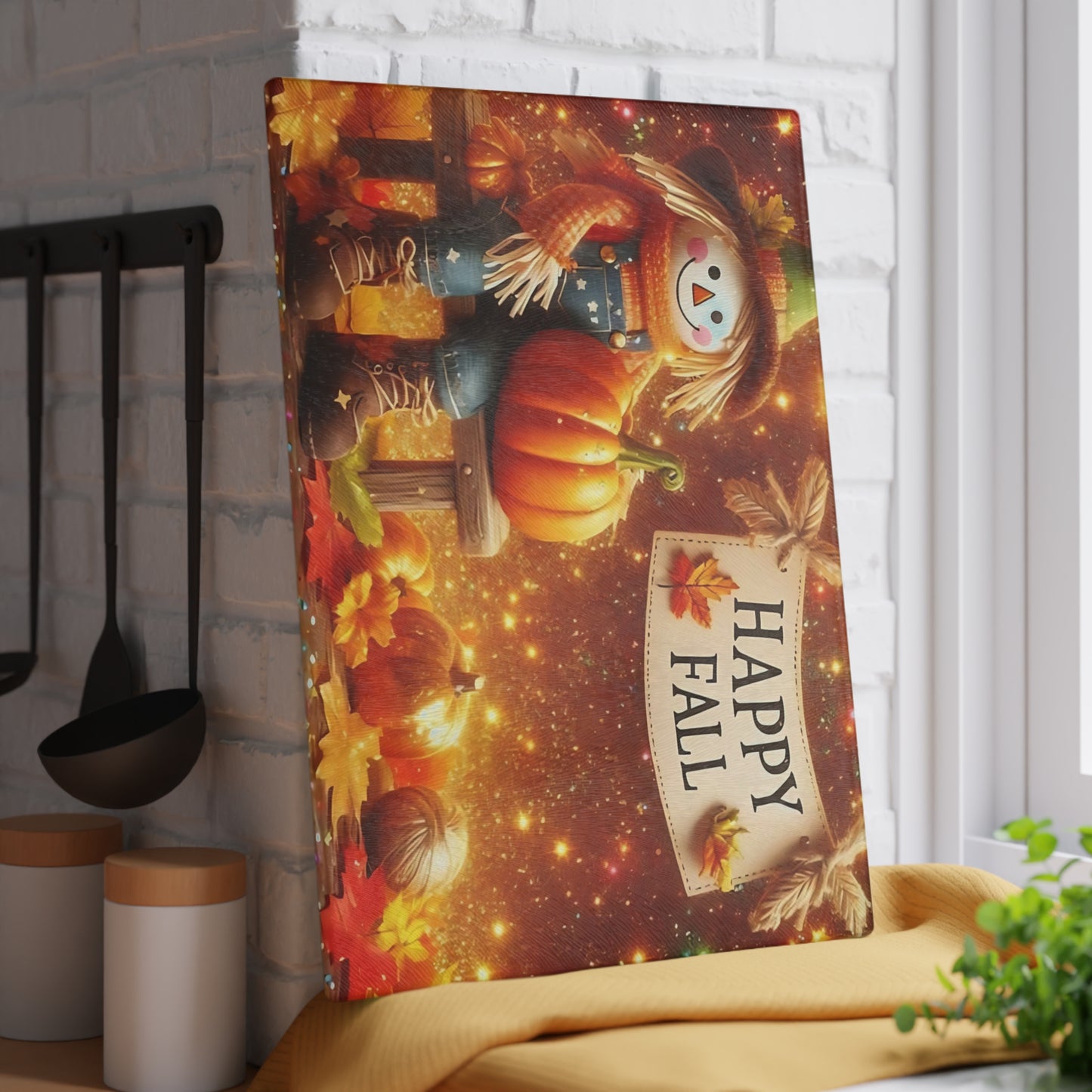 🍂🌟 Happy Fall Scarecrow Cutting Board – Rustic Autumn Kitchen Décor with Pumpkins & Golden Glow 🎃✨