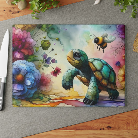 Tabla de cortar de vidrio con diseño de tortuga y abeja: decoración de cocina con motivos florales y animales salvajes