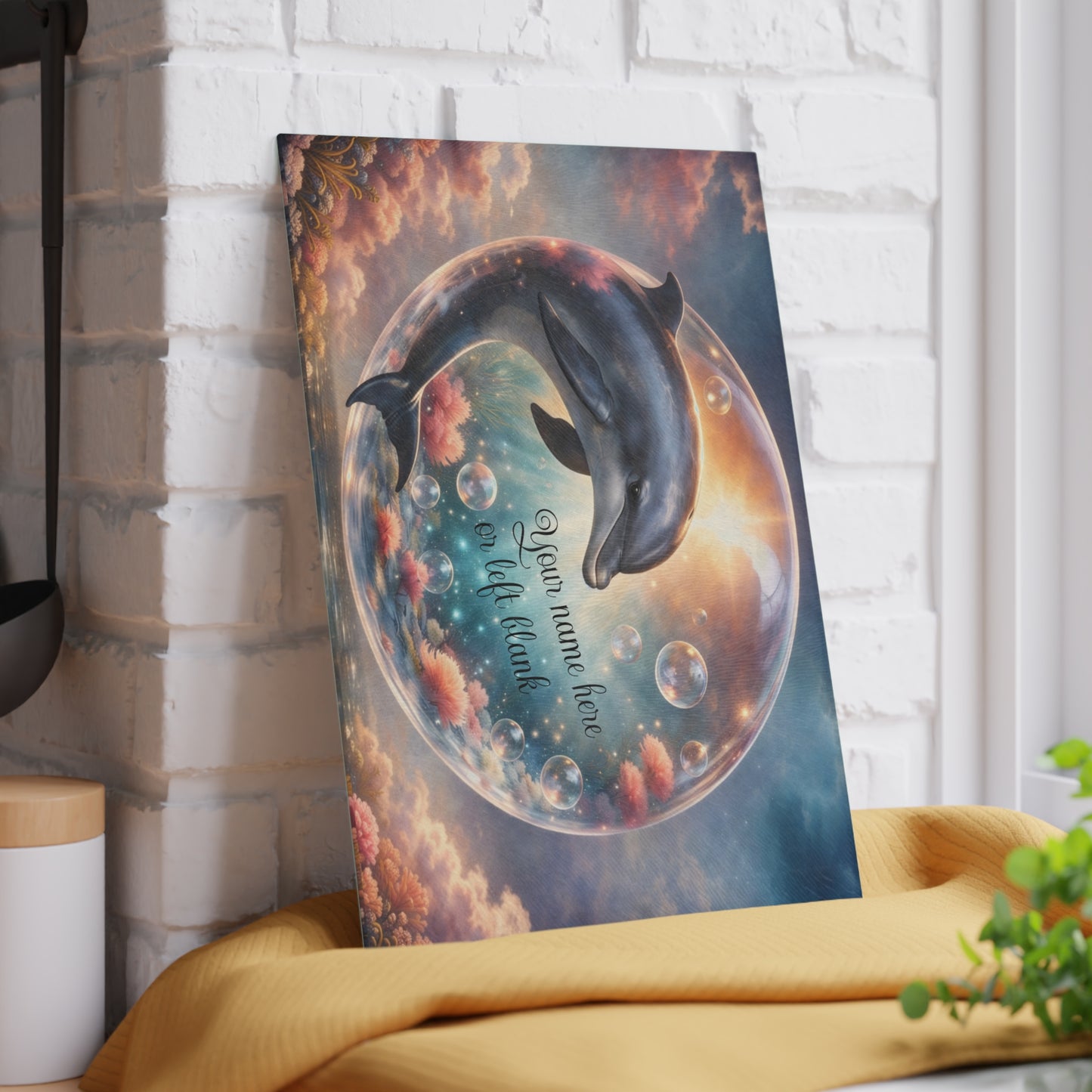 Dolphin Ocean Dream Glass Cutting Board – Personalized Coastal Kitchen Decor with Bubbles and Coral Reef Design