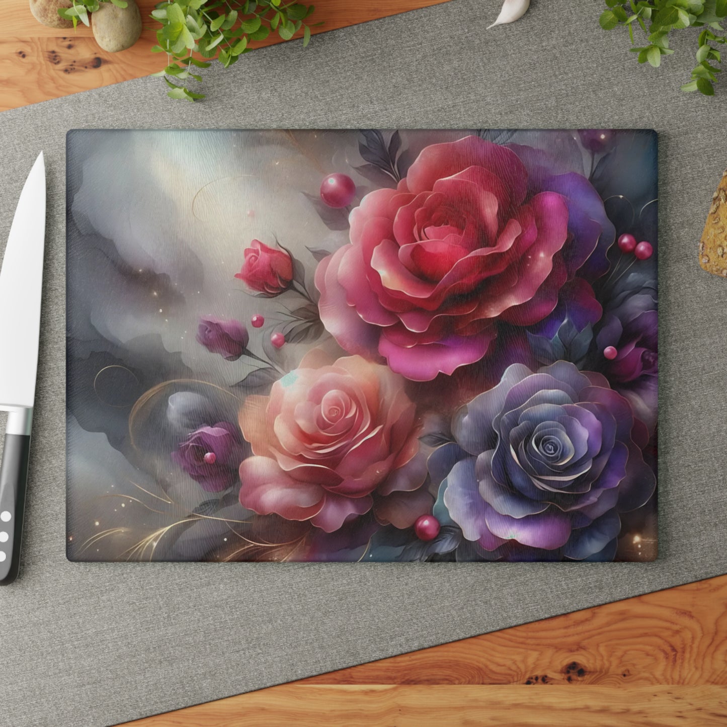 Tabla de cortar de vidrio templado con rosas elegantes: decoración floral para la cocina, regalo único, tabla de cortar de vidrio, tabla para charcutería, tabla de cortar personalizada, flores
