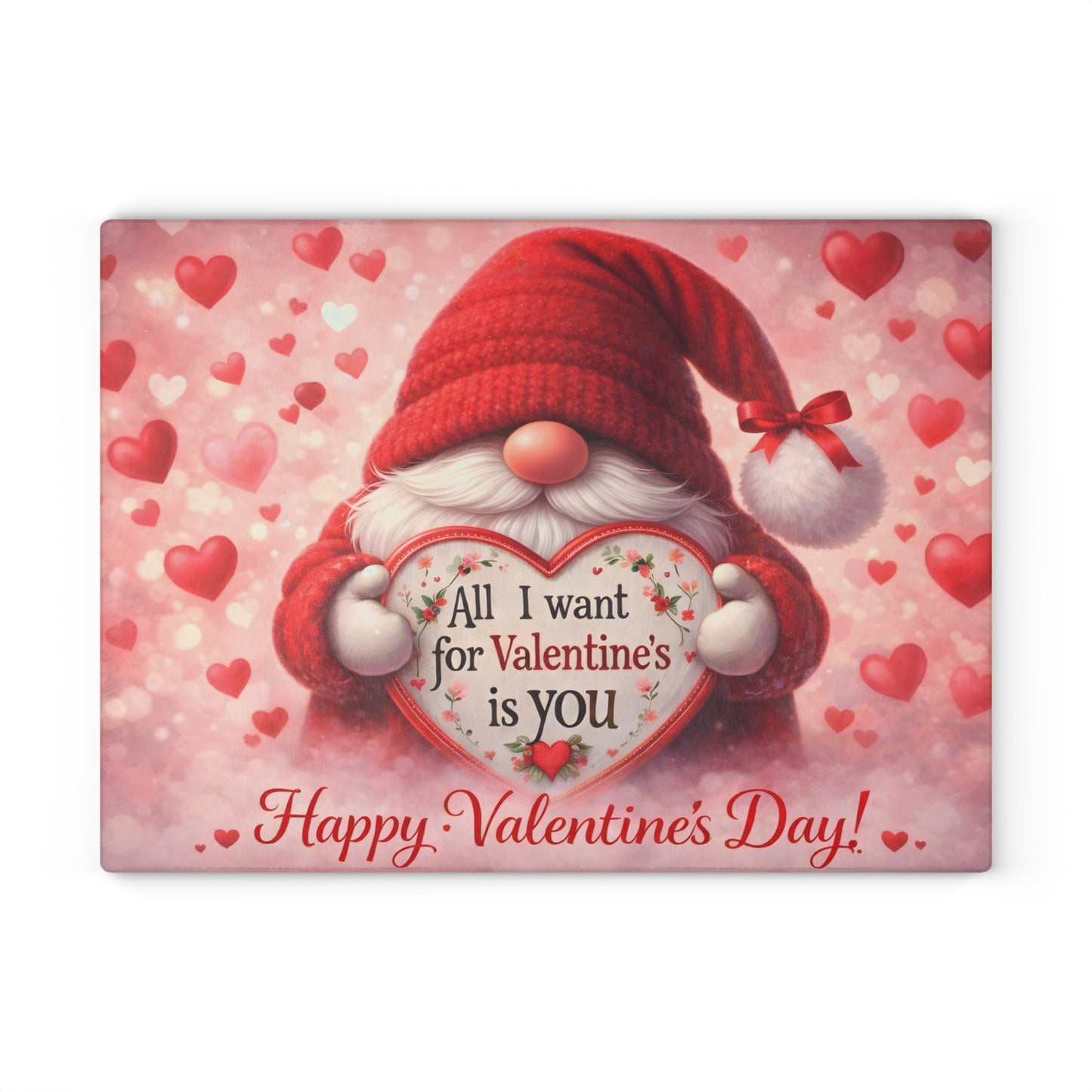 Valentine Gnome Glass Cutting Board – Romantic Heart-Themed Kitchen Décor