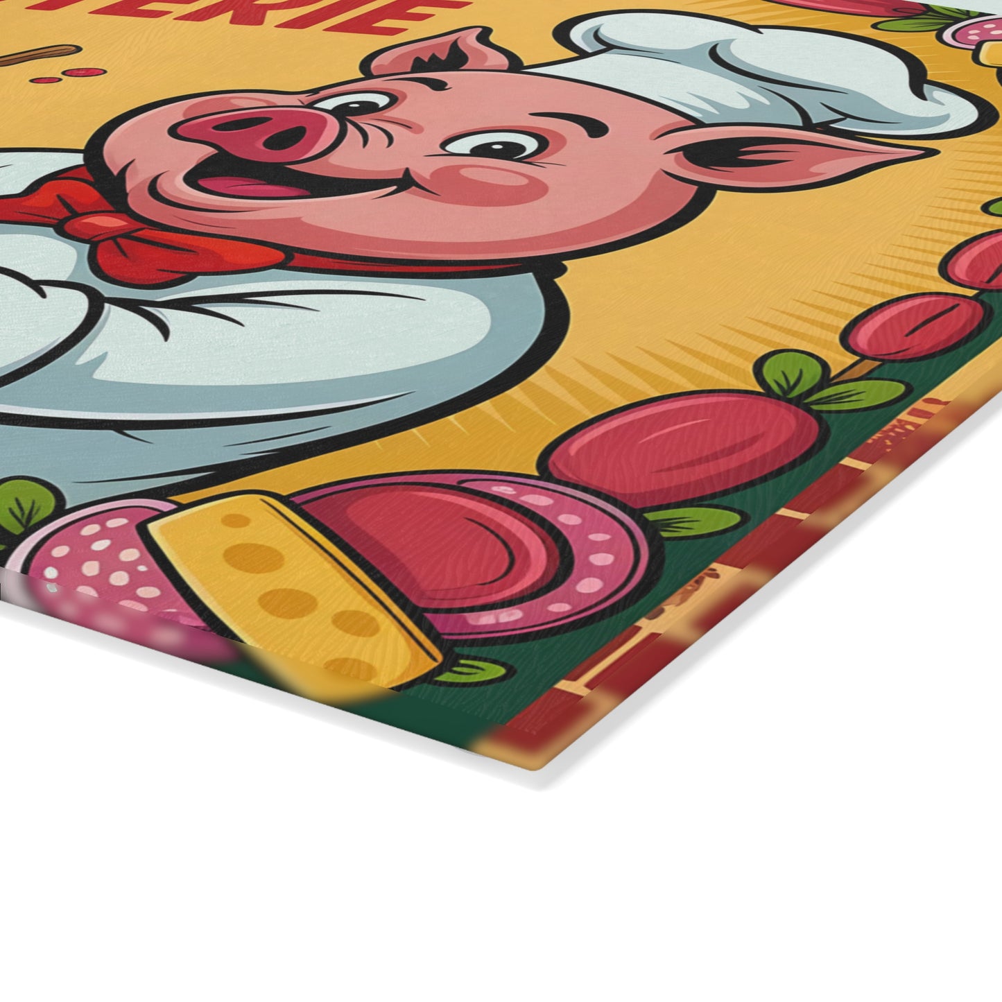 Tabla de cortar charcutería con vista frontal completa: divertida tabla de quesos y carnes del chef Pig