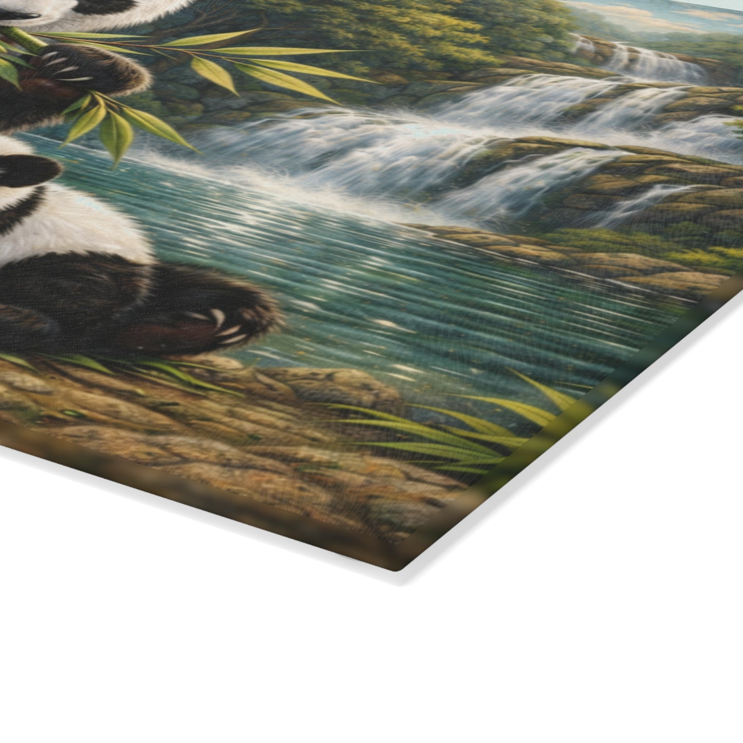 Panda Family by Waterfall Glass Cutting Board – Peaceful Bamboo Forest Wildlife Artwork