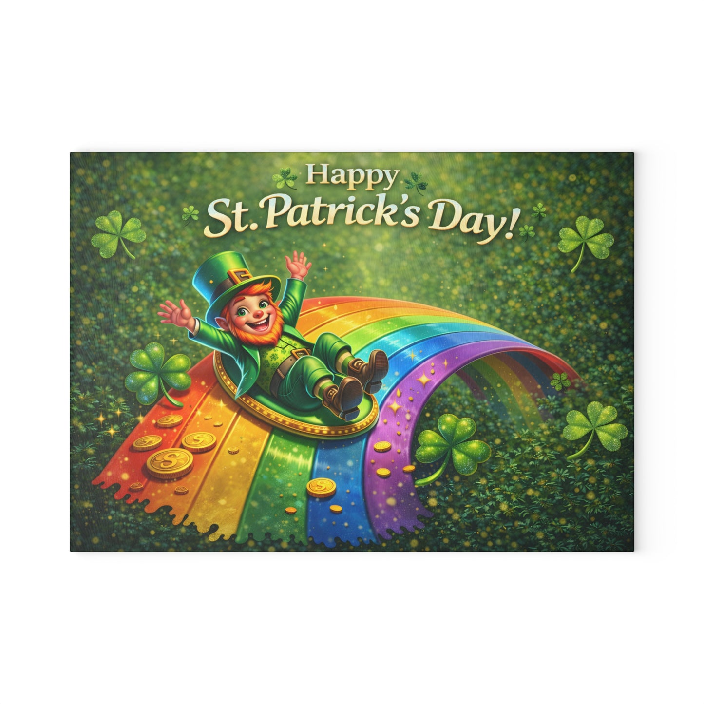 St. Patrick’s Day Leprechaun Rainbow Glass Cutting Board – Whimsical Irish-Inspired Kitchen Decor