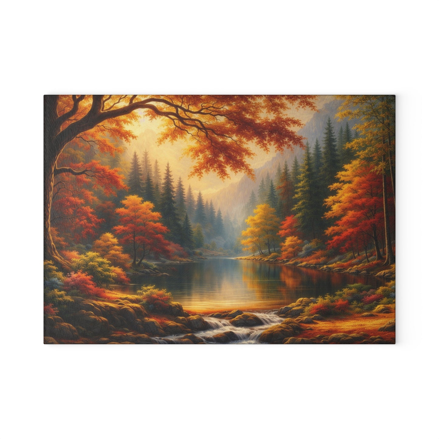 Autumn Forest Lake Glass Cutting Board – Warm Fall Landscape Kitchen Art