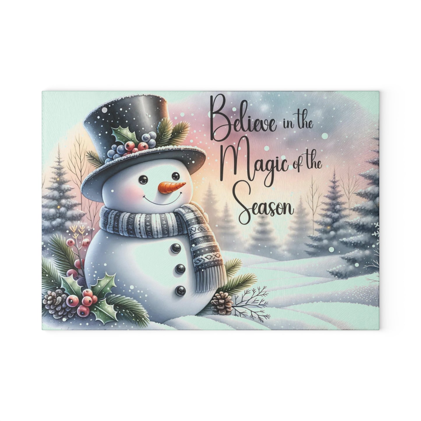 ⛄️✨ “Believe in the Magic of the Season” Glass Cutting Board – Cozy Charm for Your Kitchen