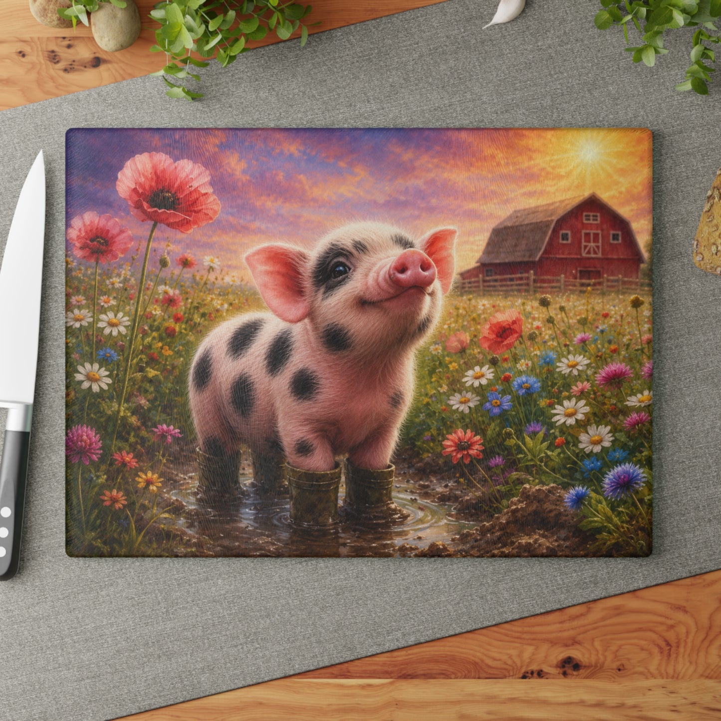 Piglet in Rain Boots Glass Cutting Board – Cute Baby Pig Farmhouse Kitchen Decor