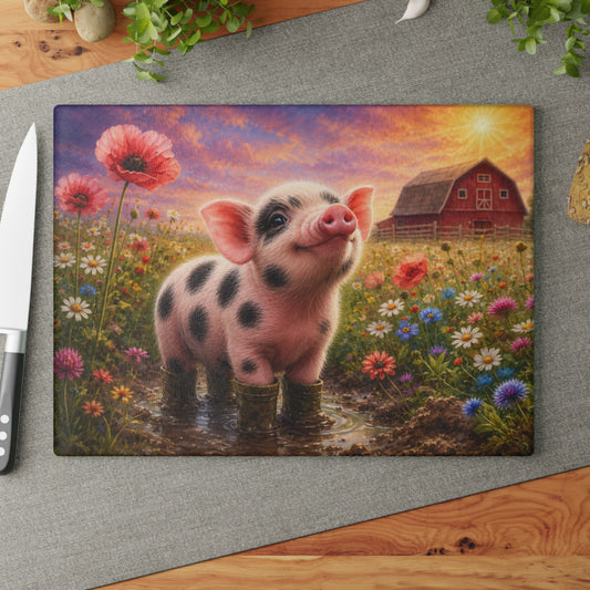 Piglet in Rain Boots Glass Cutting Board – Cute Baby Pig Farmhouse Kitchen Decor