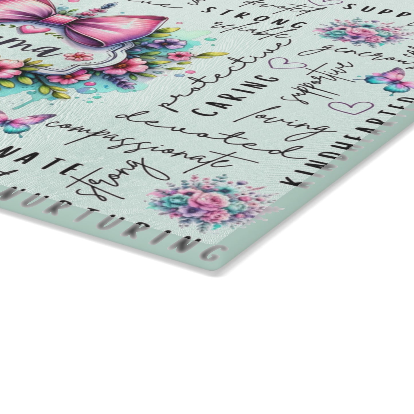 🌸 Mama Pink Bow & Floral Tempered Glass Cutting Board – Inspirational Word Art Kitchen Décor