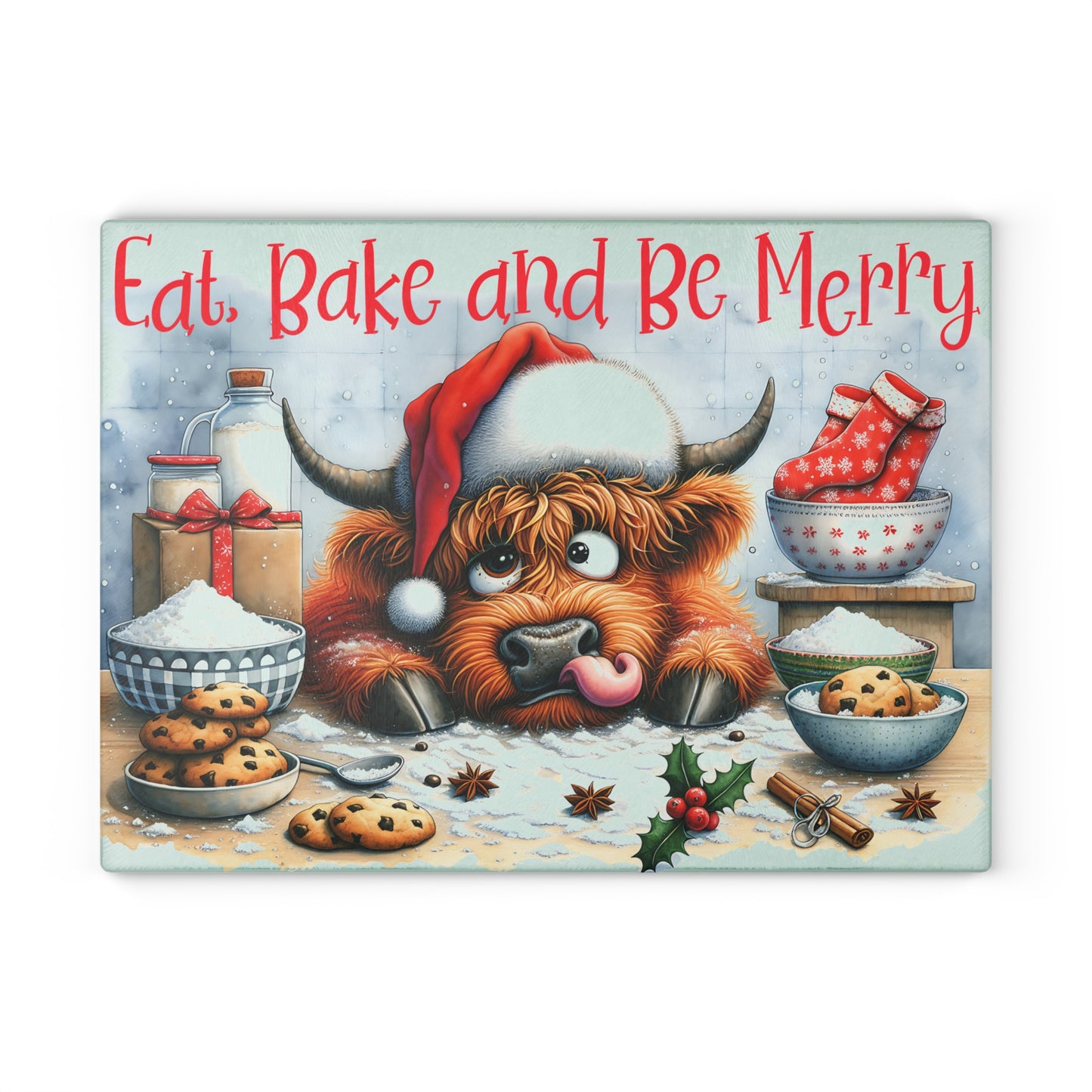 Eat, Bake and Be Merry Highland Cow Cutting Board – Festive Christmas Kitchen Cheer