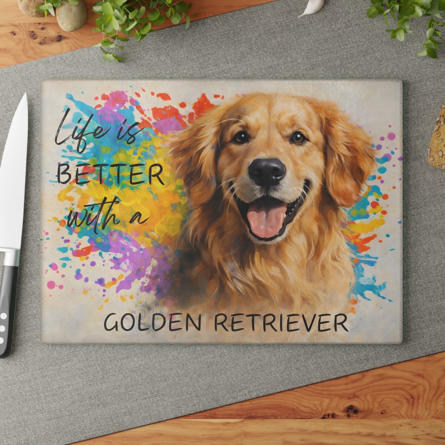 Life Is Better with a Golden Retriever Glass Cutting Board – Color Splash Canine Charm