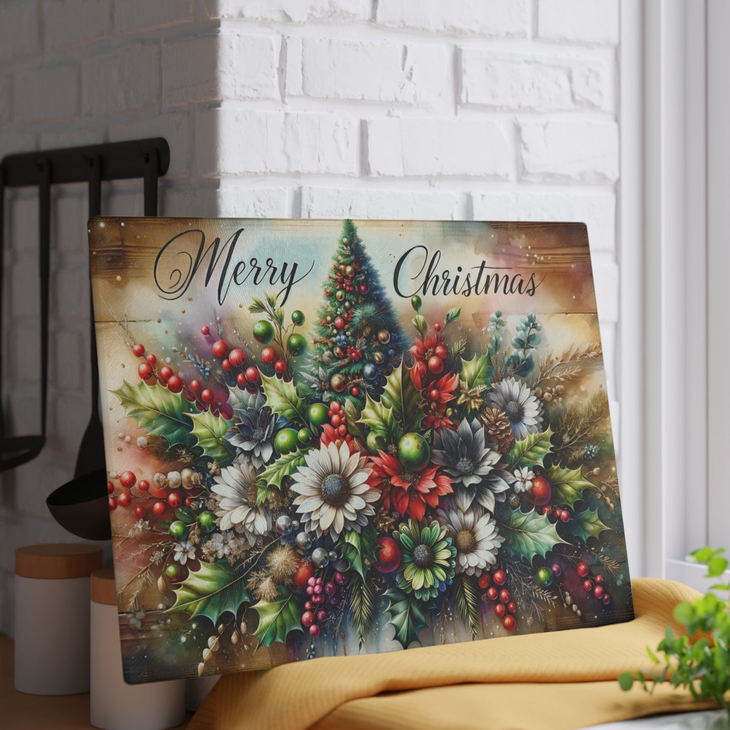 🎄✨ “Merry Christmas Bouquet” Glass Cutting Board – Festive Holiday Centerpiece for Your Kitchen