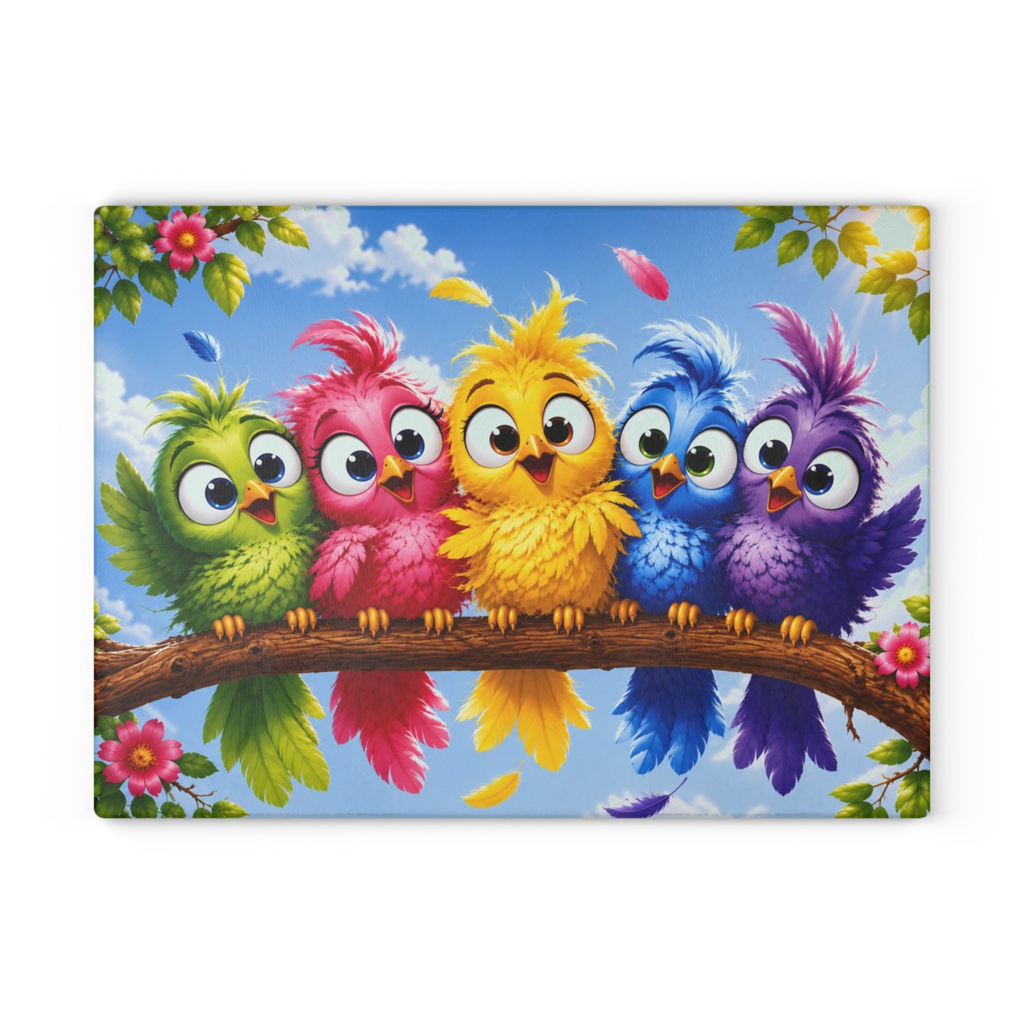 Colorful Baby Birds Glass Cutting Board – Whimsical Kitchen Decor with Cute Rainbow Bird Design