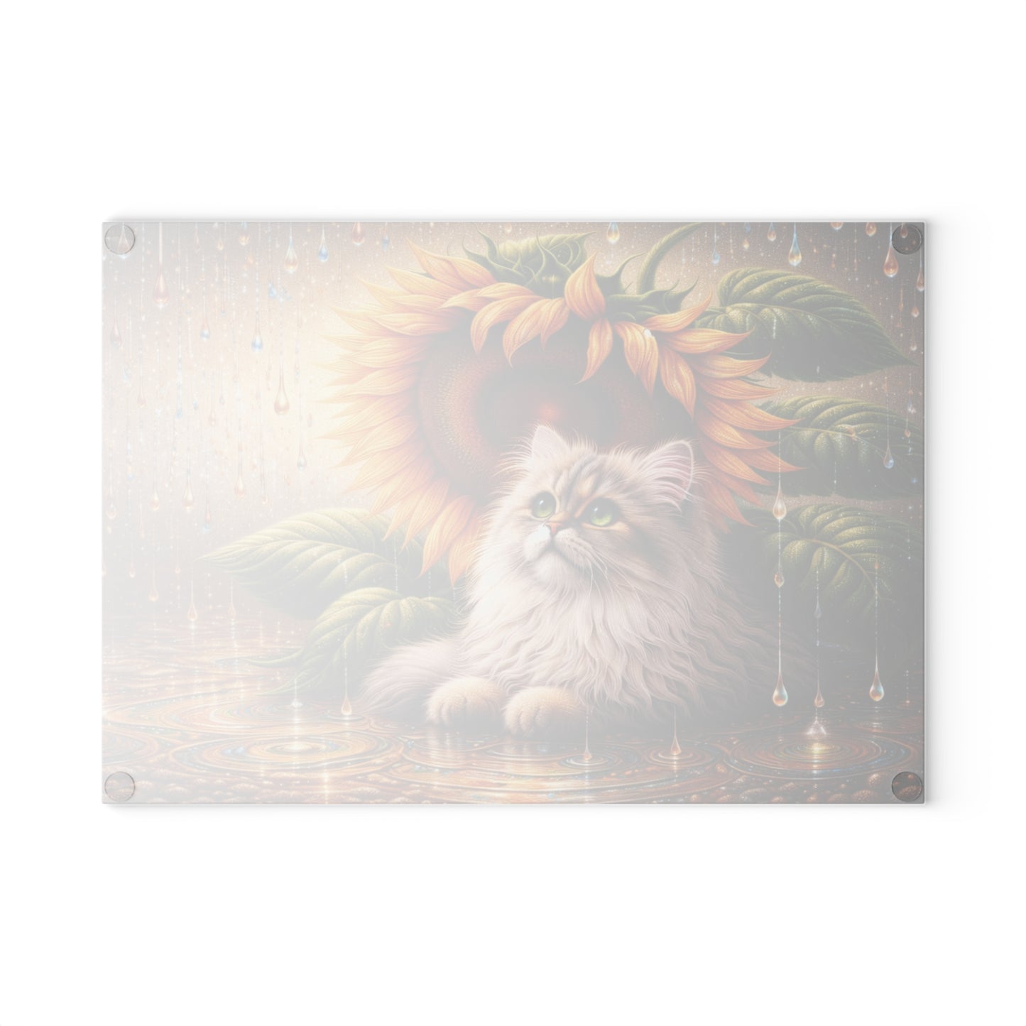 Sunflower Rain Cat Glass Cutting Board – Whimsical Floral Cat Kitchen Art & Display Board