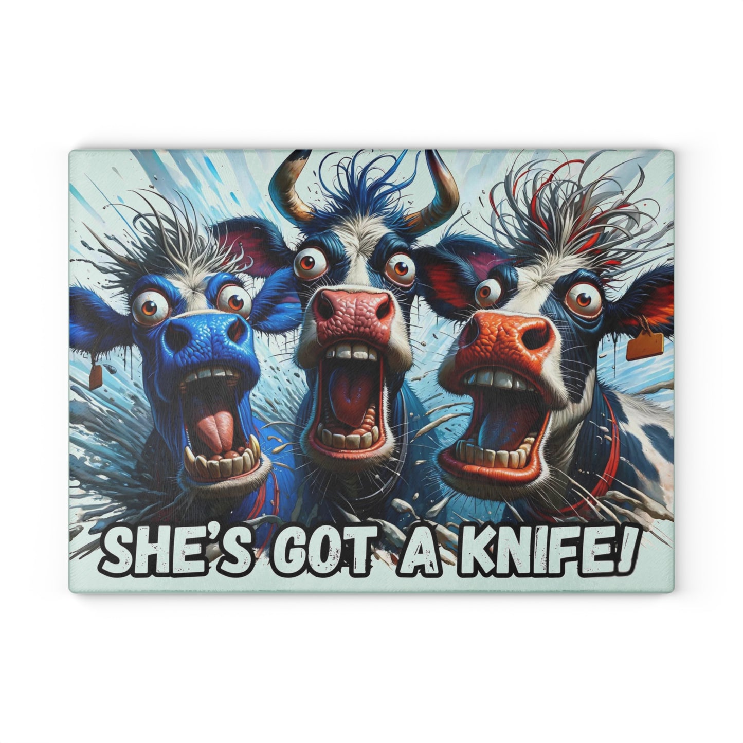 🐮🔪 “She’s Got a Knife!” Glass Cutting Board – Hilarious Farmhouse Horror Vibes