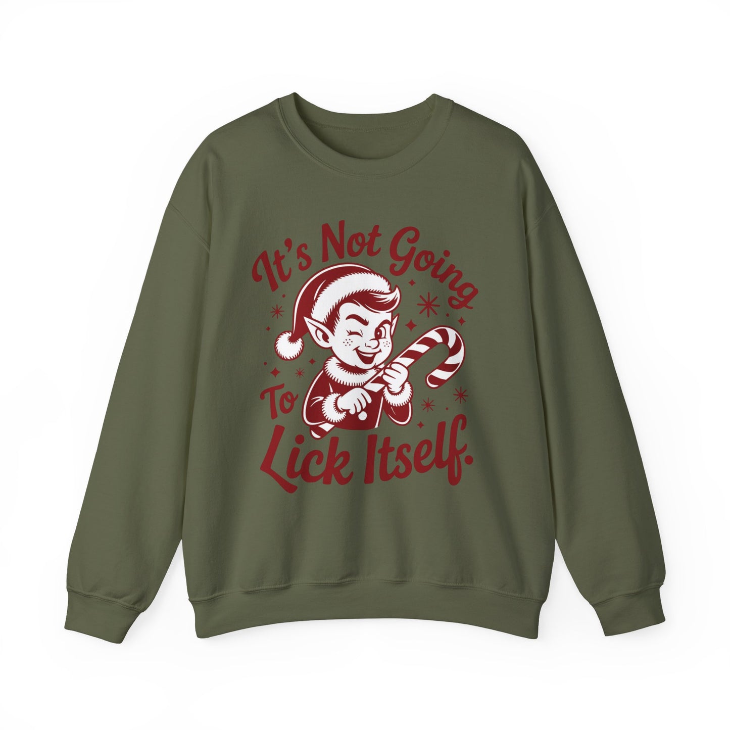🍭😅 “It’s Not Going To Lick Itself” Men’s Funny Elf Sweatshirt – Bold Candy Cane Humor Crewneck