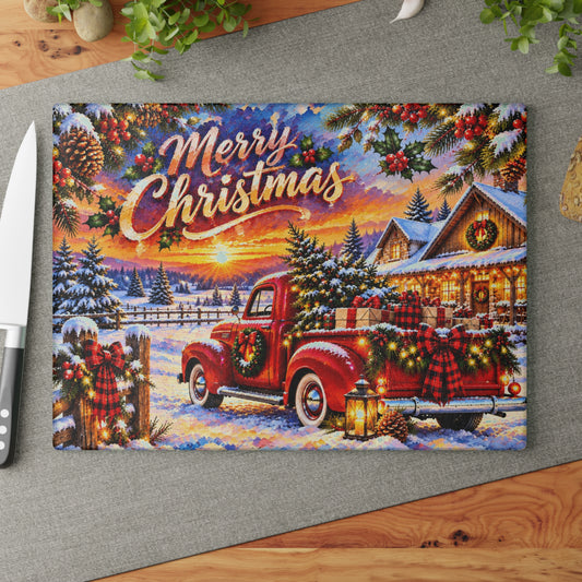 Merry Christmas Vintage Red Truck Tempered Glass Cutting Board – Snowy Farmhouse Christmas Scene – 11 × 15 Inches